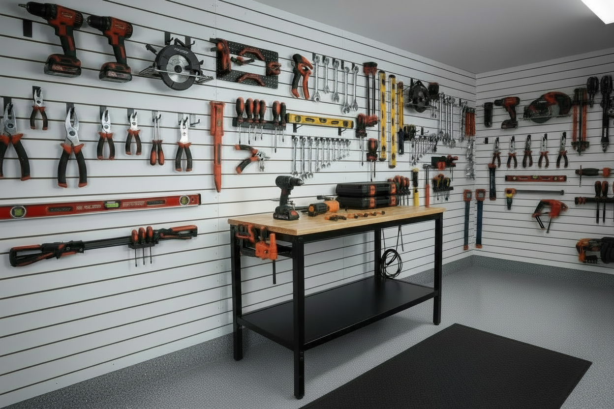 Workshop with tools on wall