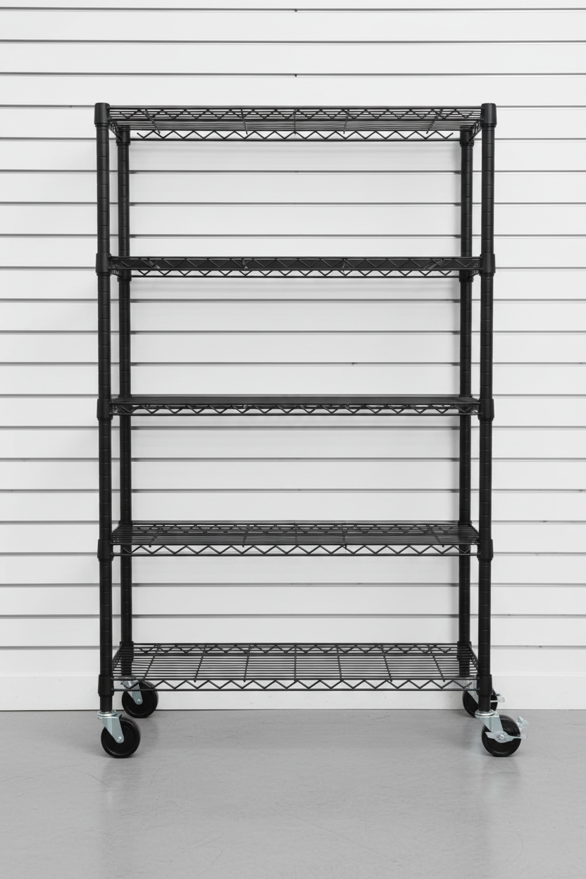 5-tier wire shelving unit against white slat wall