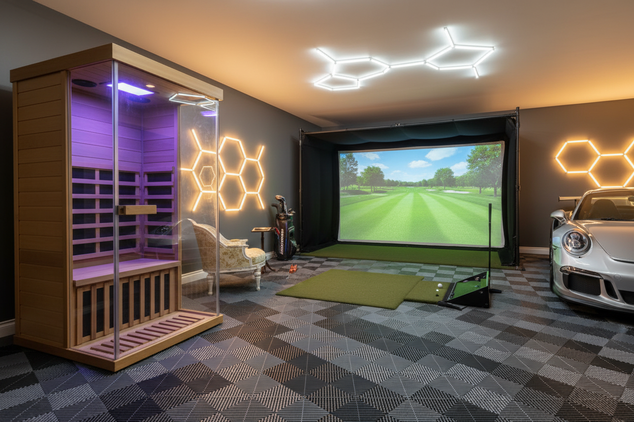 909MHX-L and golf simulator in premium garage