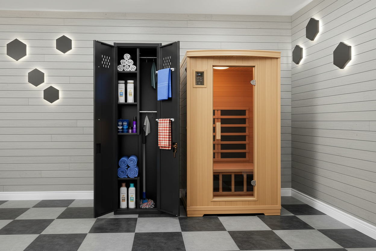 Cleaning cabinet and sauna in luxury garage