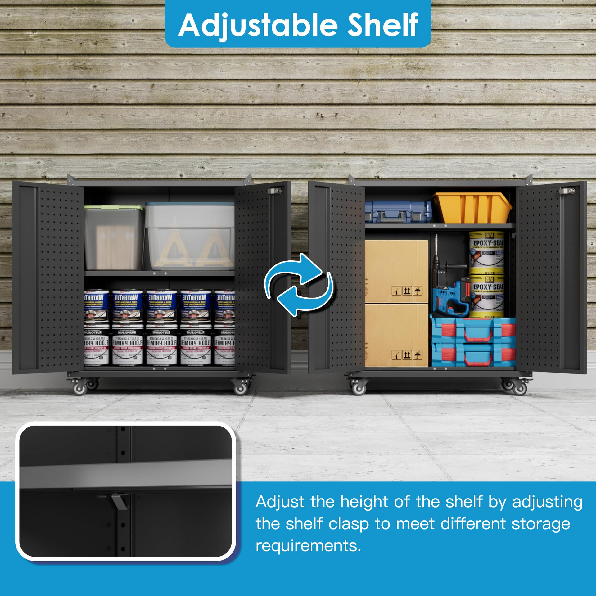 Metal Storage Cabinet With Wheels, Rolling Storage Cabinet With 2 Doors And Adjustable