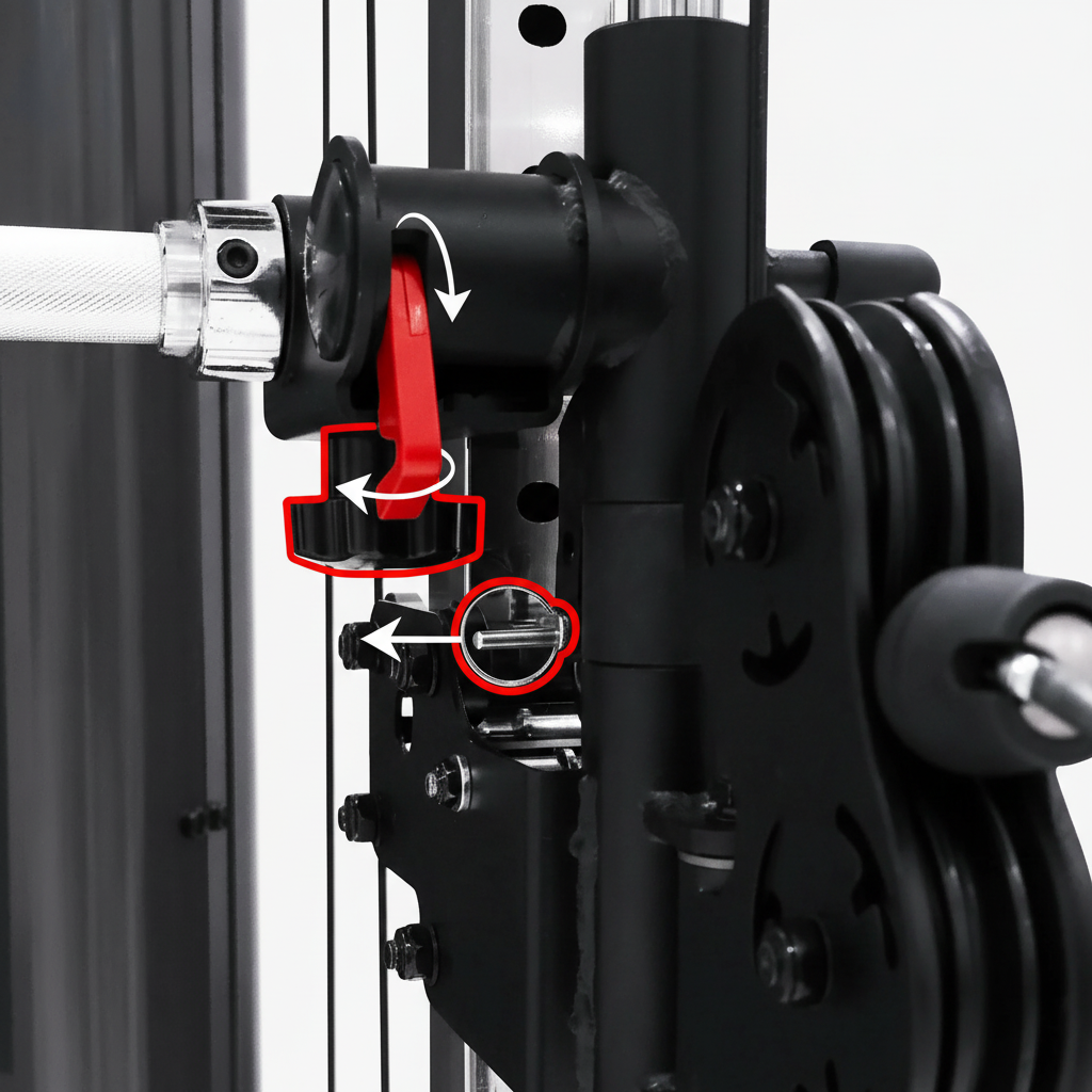 The First Step
Adjust the Smith bar and pulley together in the middle of the Smith Rack
Open the pin locks and screw nuts on the left and right sides