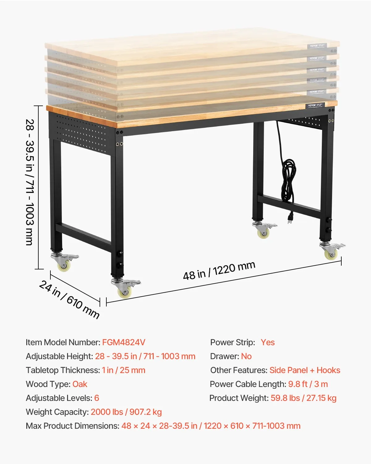 48-Inch Adjustable Workbench,48"x24" with power outlet, Free Shipping