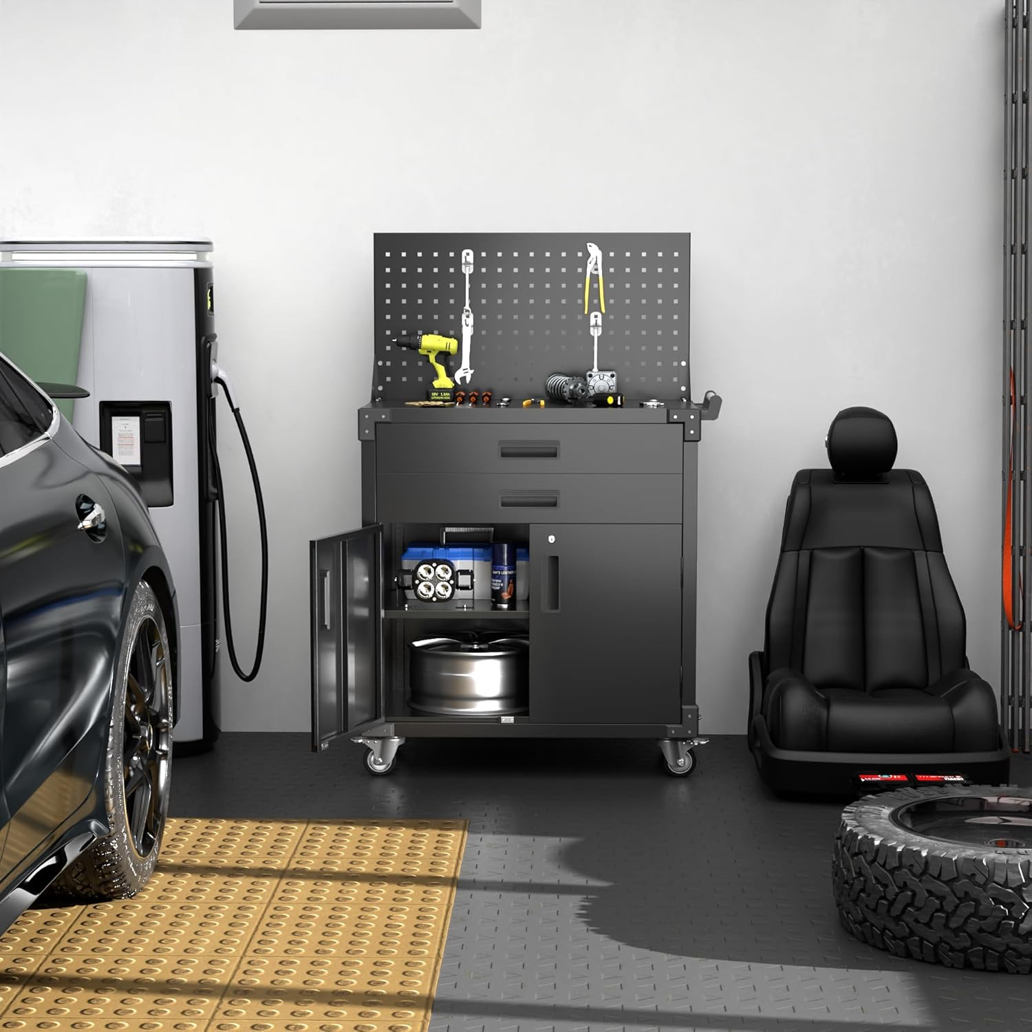 Black Tool Cart With Pegboard And 4 Hooks, FREIGHT INCLUDED