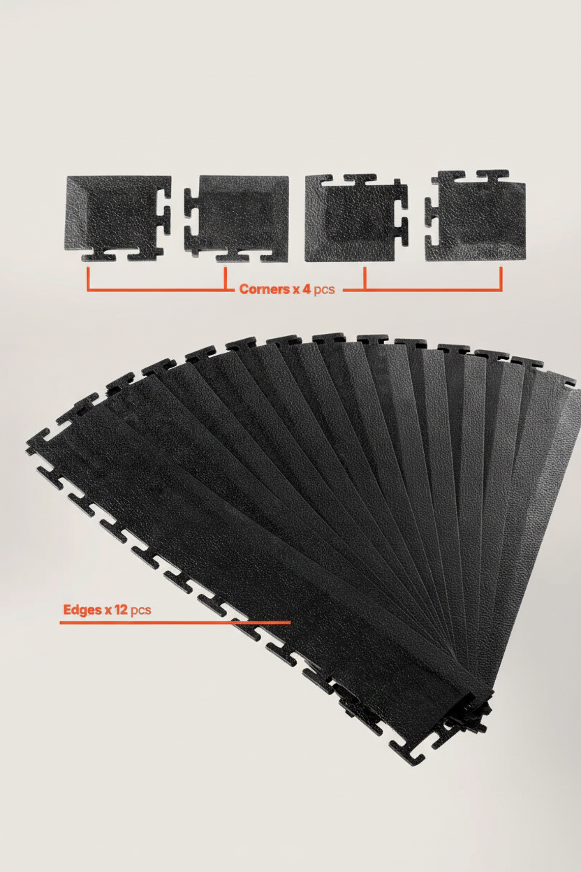 Black garage floor transition edge kit showing 12 edge pieces and 4 corner pieces