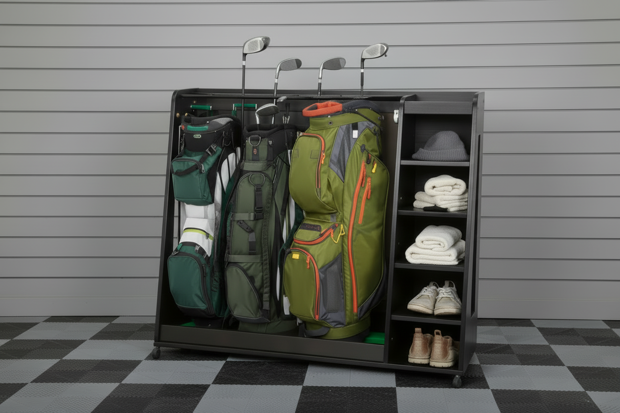 Dark storage cabinets in garage