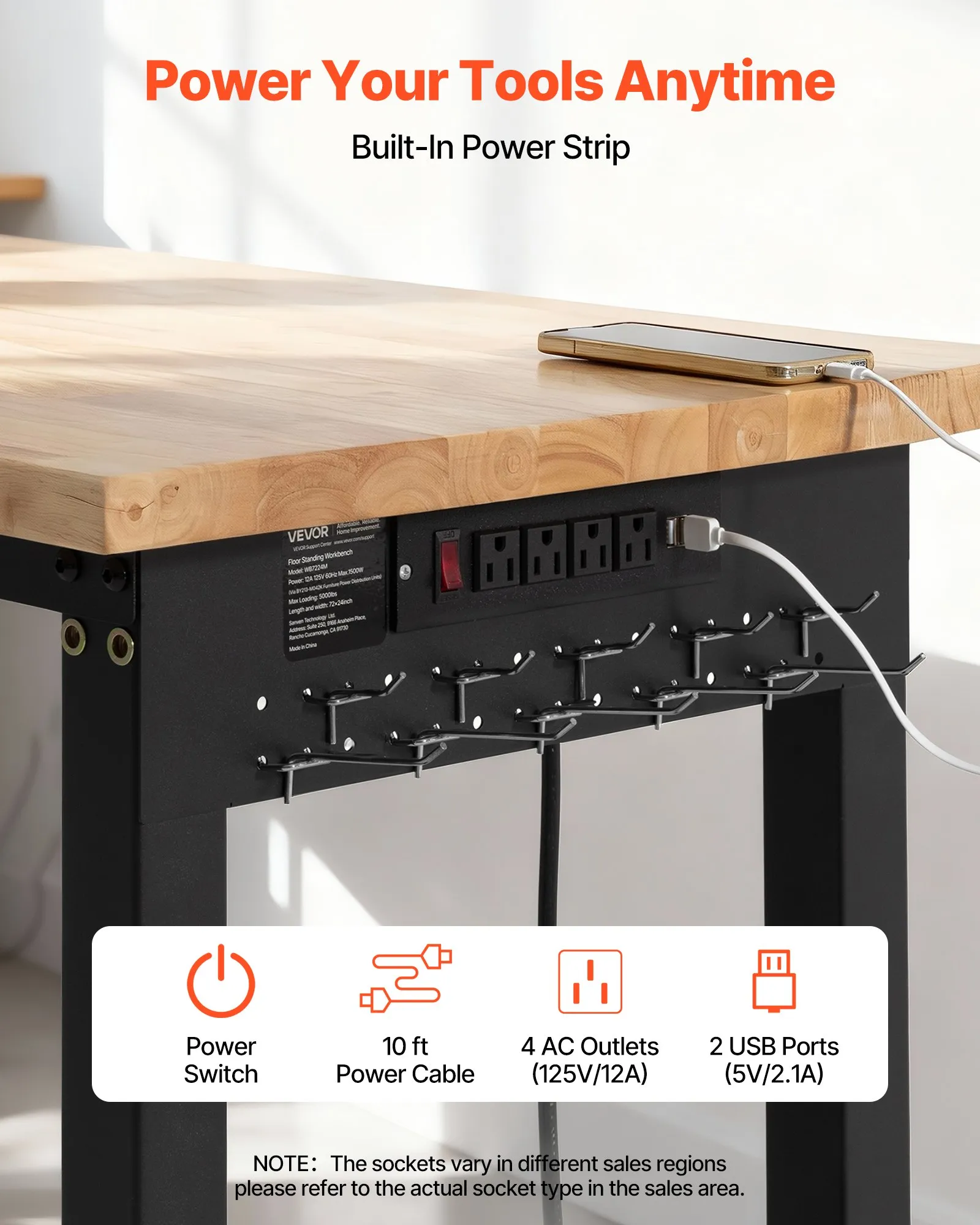 EXTRA LARGE -96 x 24 Inch  Wood Top Workstation with 4 AC Outlets & 2 USB. -Free Shipping