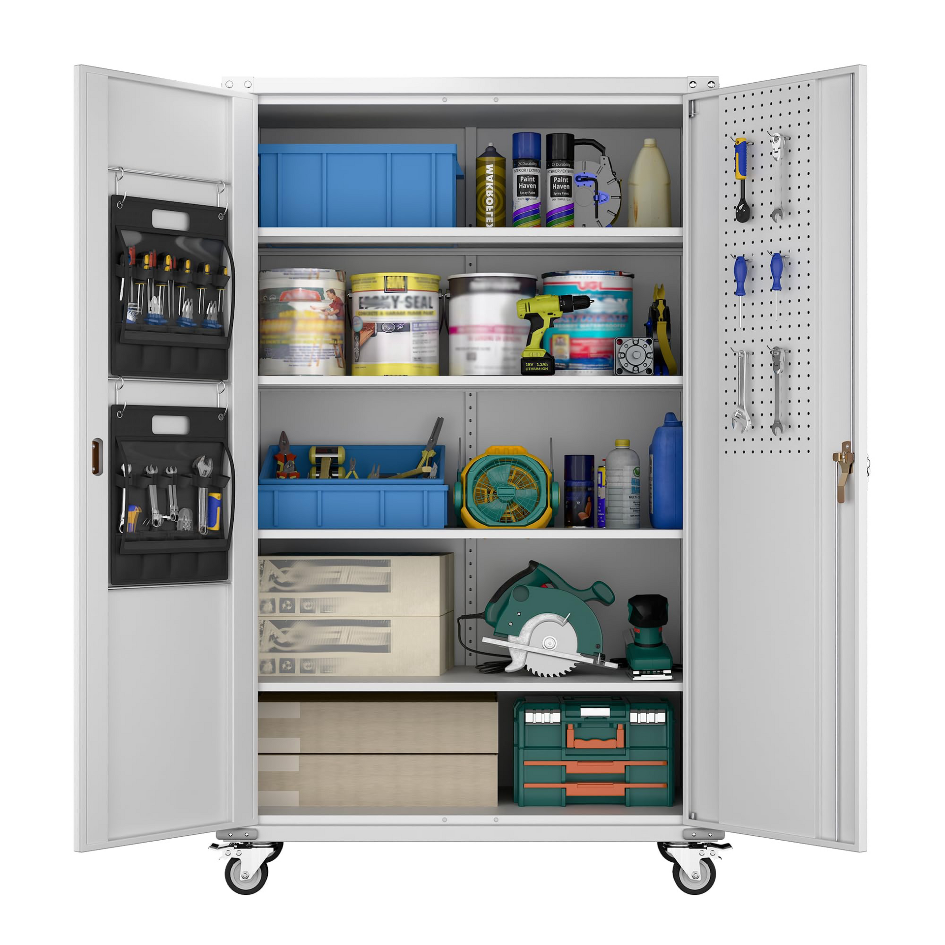 Upgraded Wide And Deep Garage Storage Cabinet With Wheels And Doors,Metal Storage Cabinet With Pegboards And 4 Adjustable Shelves For Garage Home Basement,Required Assembly,Black