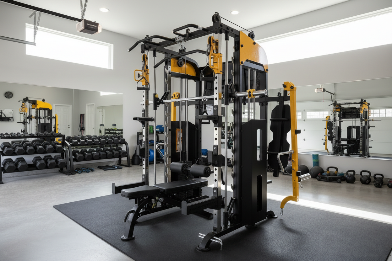Home garage gym with power rack