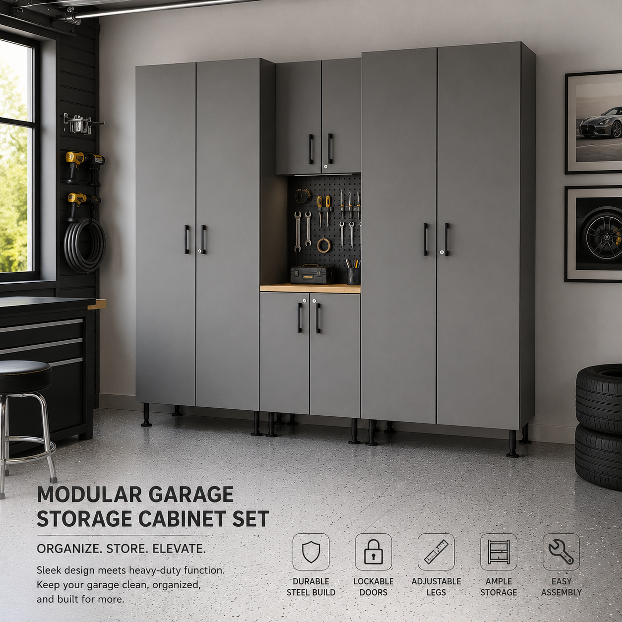 GM - Atlas Premium Garage Cabinets - 9 pc Classic Fog