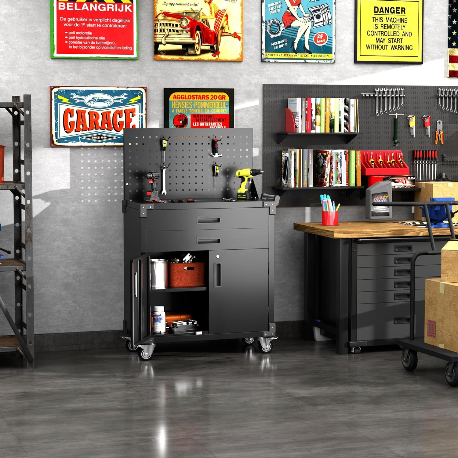 Black Tool Cart With Pegboard And 4 Hooks, FREIGHT INCLUDED