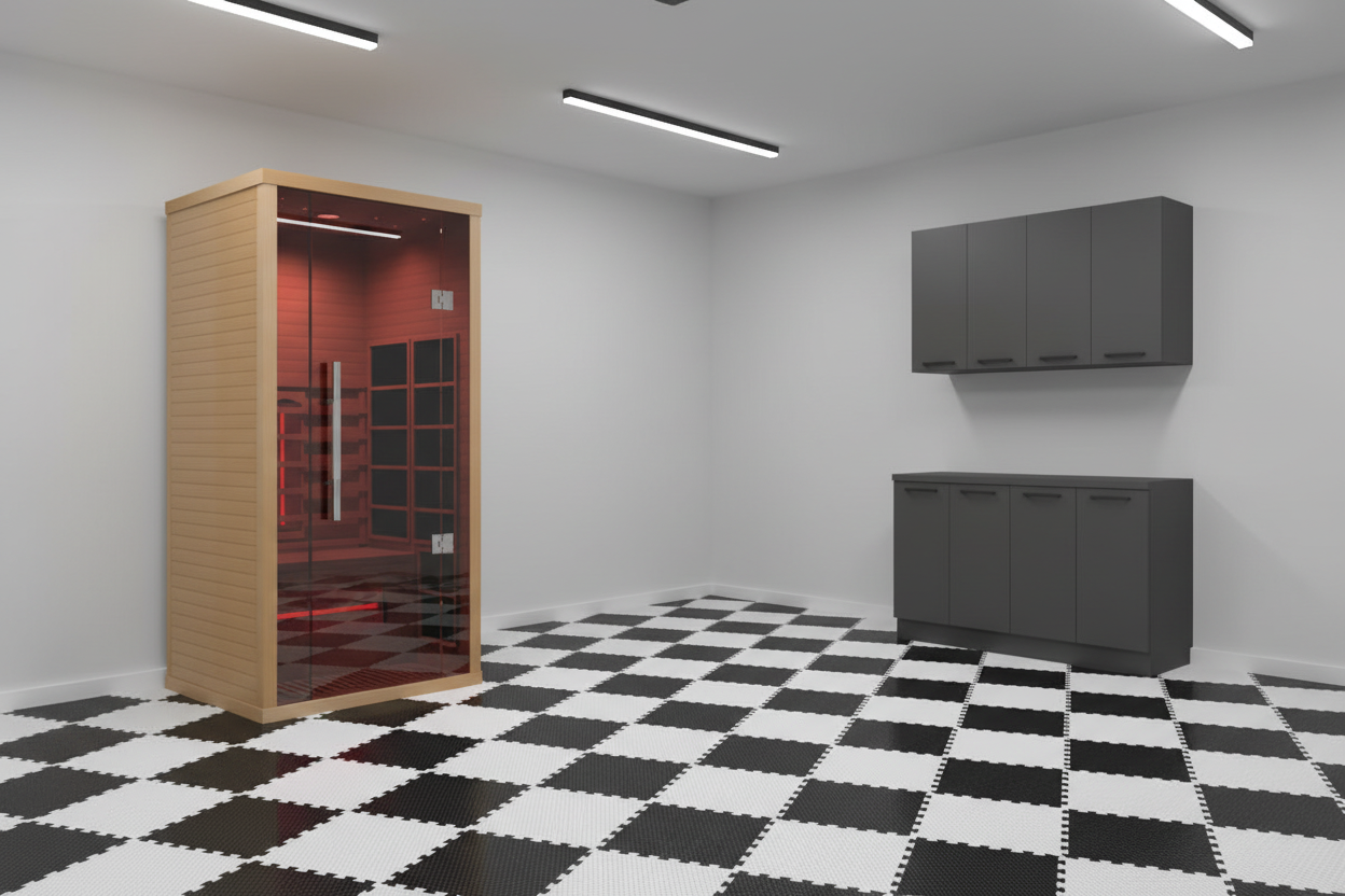 Lumin Infrared Sauna One in minimalist garage with compact cabinets
