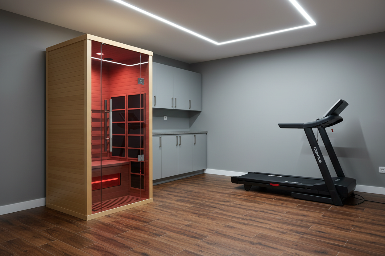 Lumin Infrared Sauna One with RaceDeck Charred Oak tiles