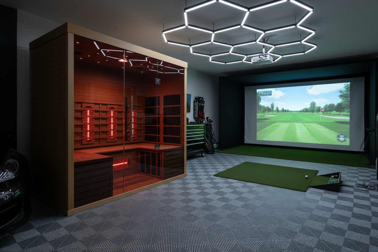 Lumin Infrared Sauna Three in garage with Hex track lights and golf simulator