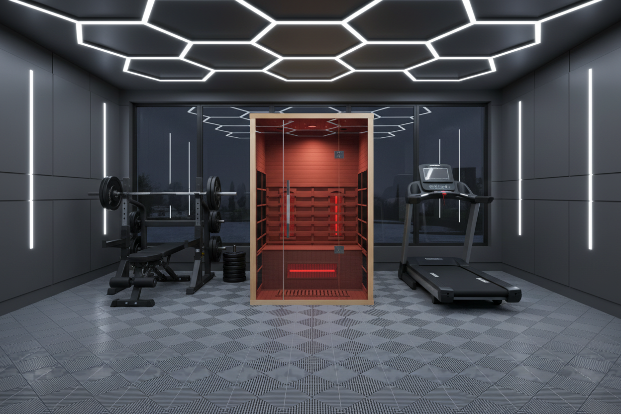 Lumin Infrared Sauna Two centered in luxury garage