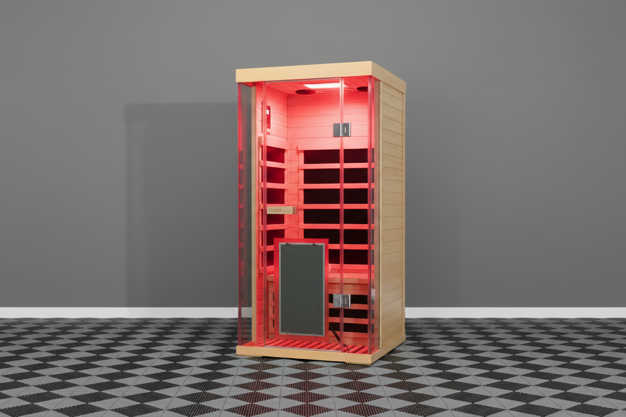 SH01 Full-Spectrum Infrared Sauna with checkered floor and grey wall