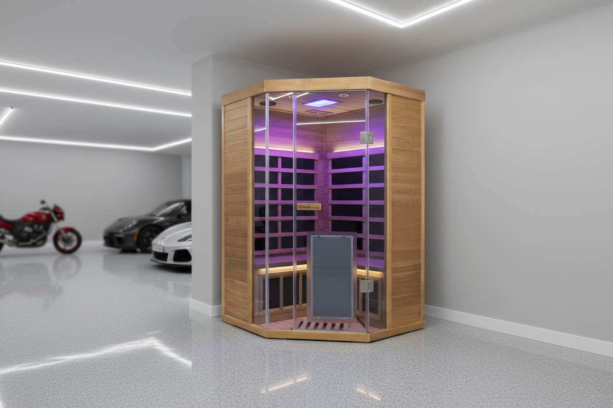SR07 corner sauna close-up in luxury garage