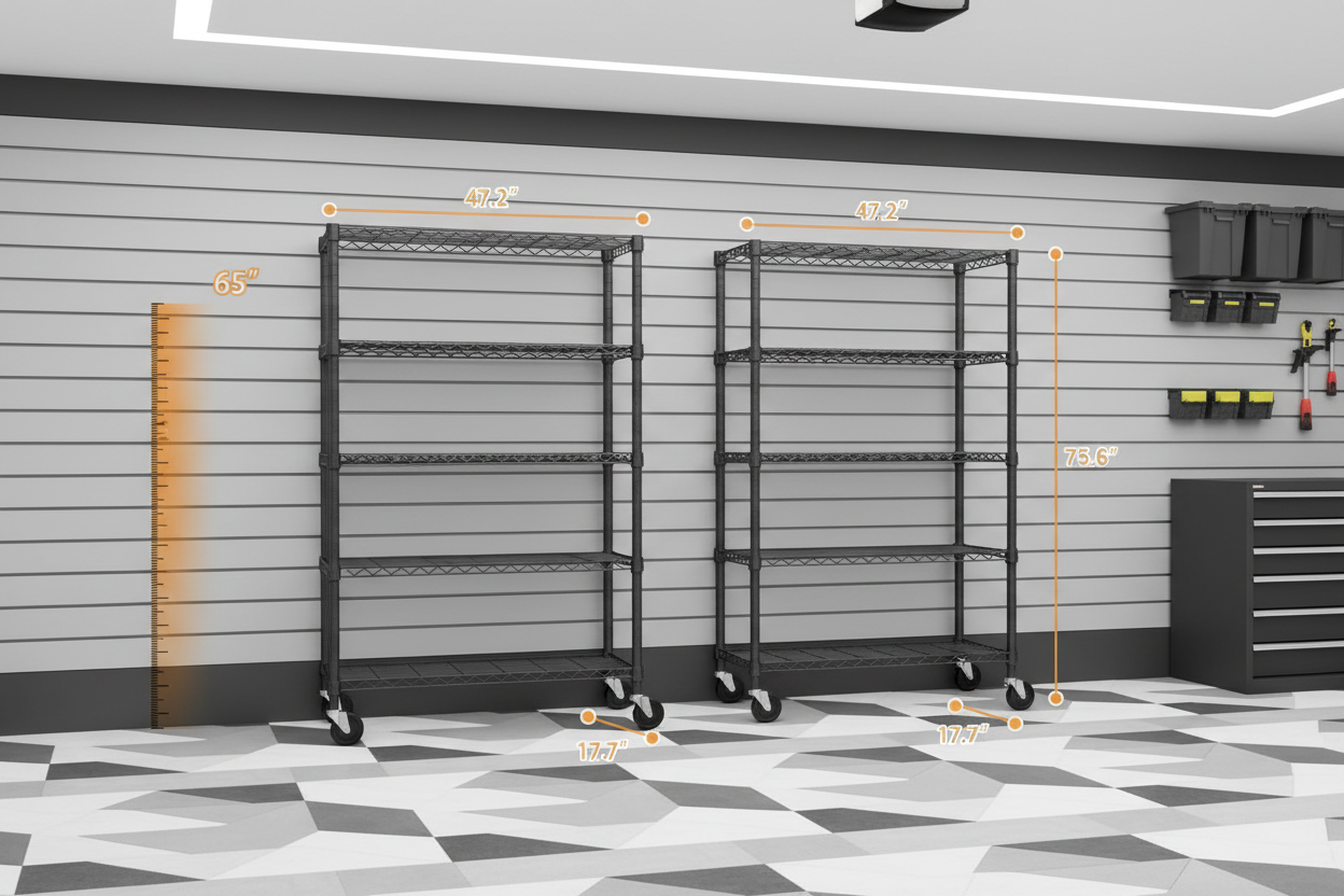 Two wire shelving units in upscale garage